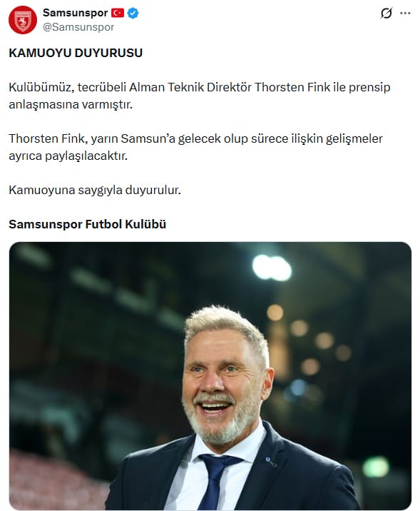 Samsunspor, Alman Teknik Direktör Thorsten Fink ile prensip anlaşmasına vardığını