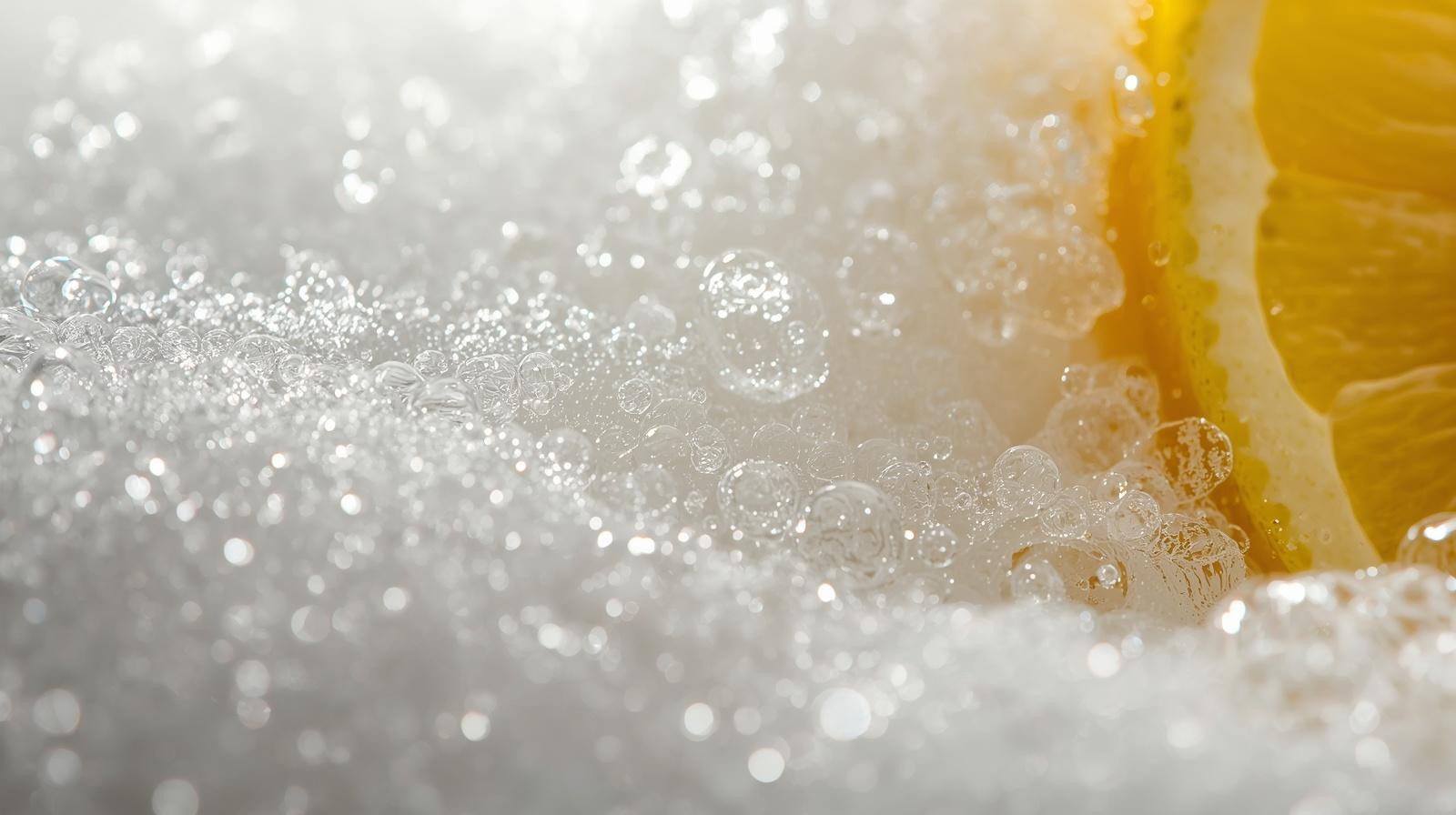 “Limon ve karbonat karışımı köpürürken yakın plan çekim, doğal temizlik hissi, detaylı ve gerçekçi”