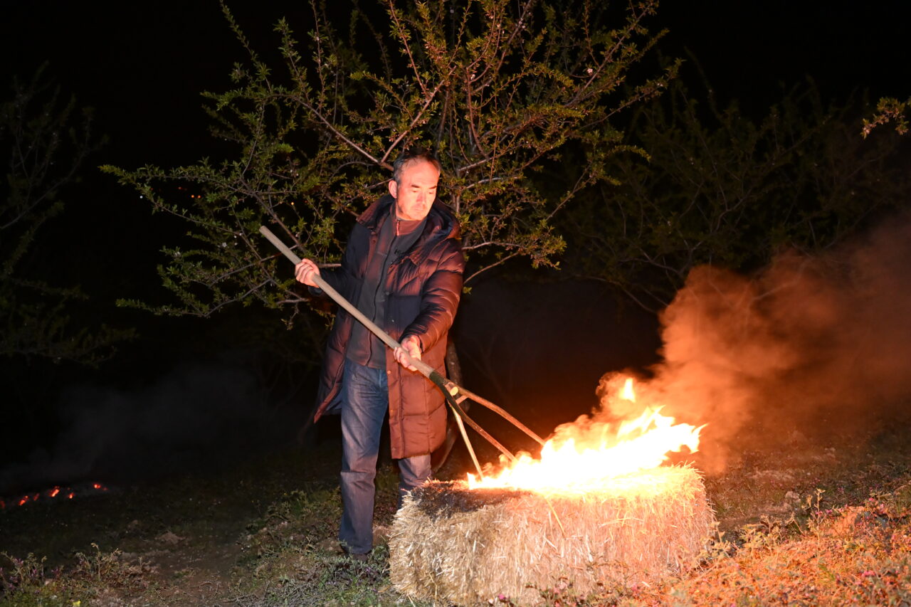 Manisa’nın Demirci ilçesinde badem üreticileri, zirai dona karşı dumanlama yöntemiyle
