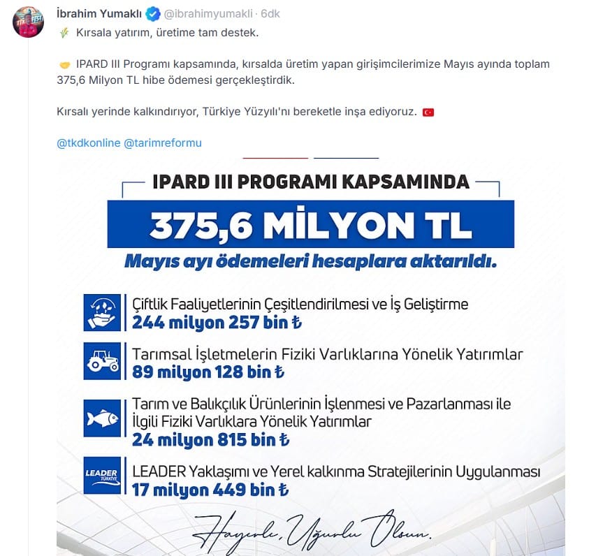 Tarım ve Orman Bakanı İbrahim Yumaklı, IPARD 3 Programı çerçevesinde