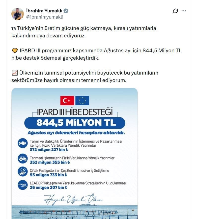 Tarım ve Orman Bakanı İbrahim Yumaklı, IPARD III programı kapsamında