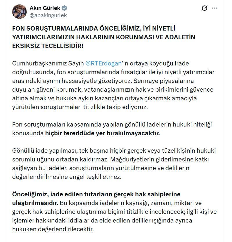 Gürlek, fon soruşturmalarında gönüllü iadelerin kaynağı, zamanı, miktarı ve gerçek